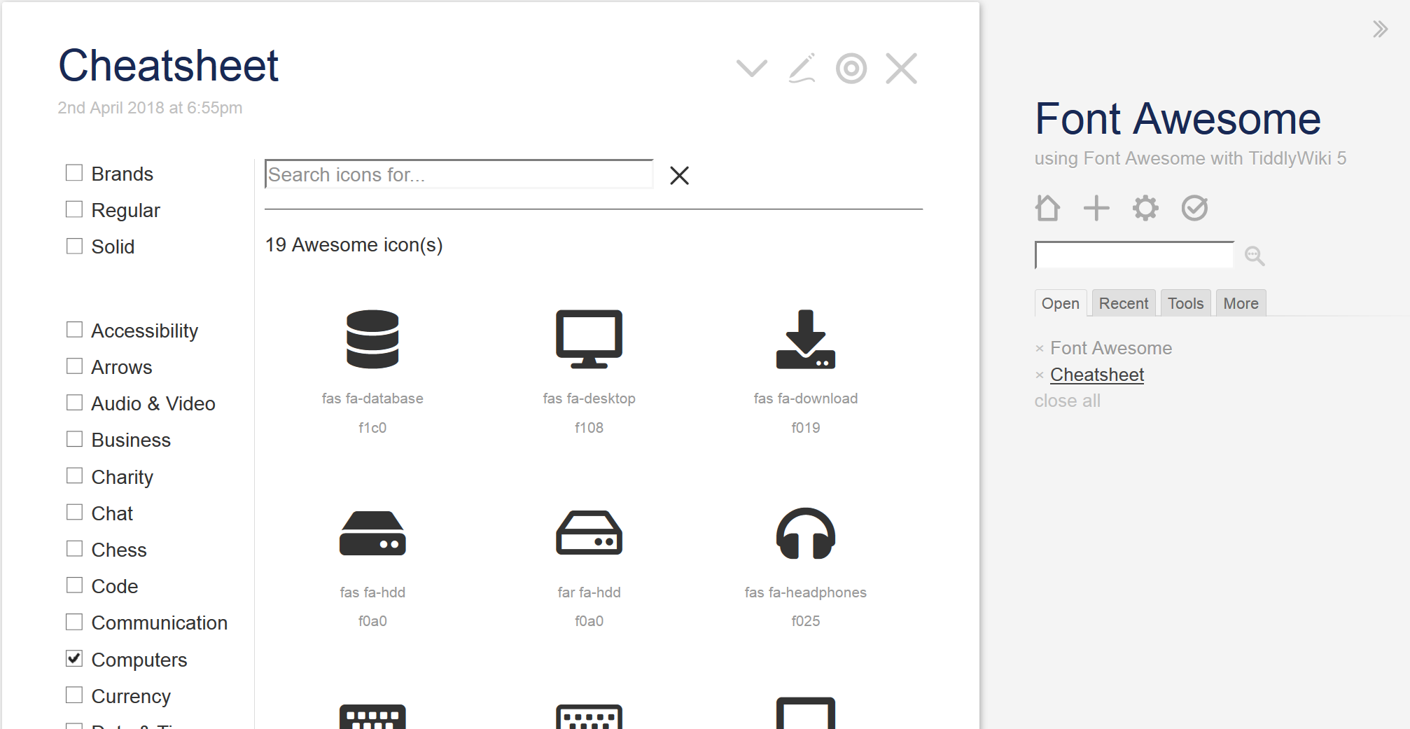 Screenshot Icon Cheatsheet of TW5FontAwesome Plugin